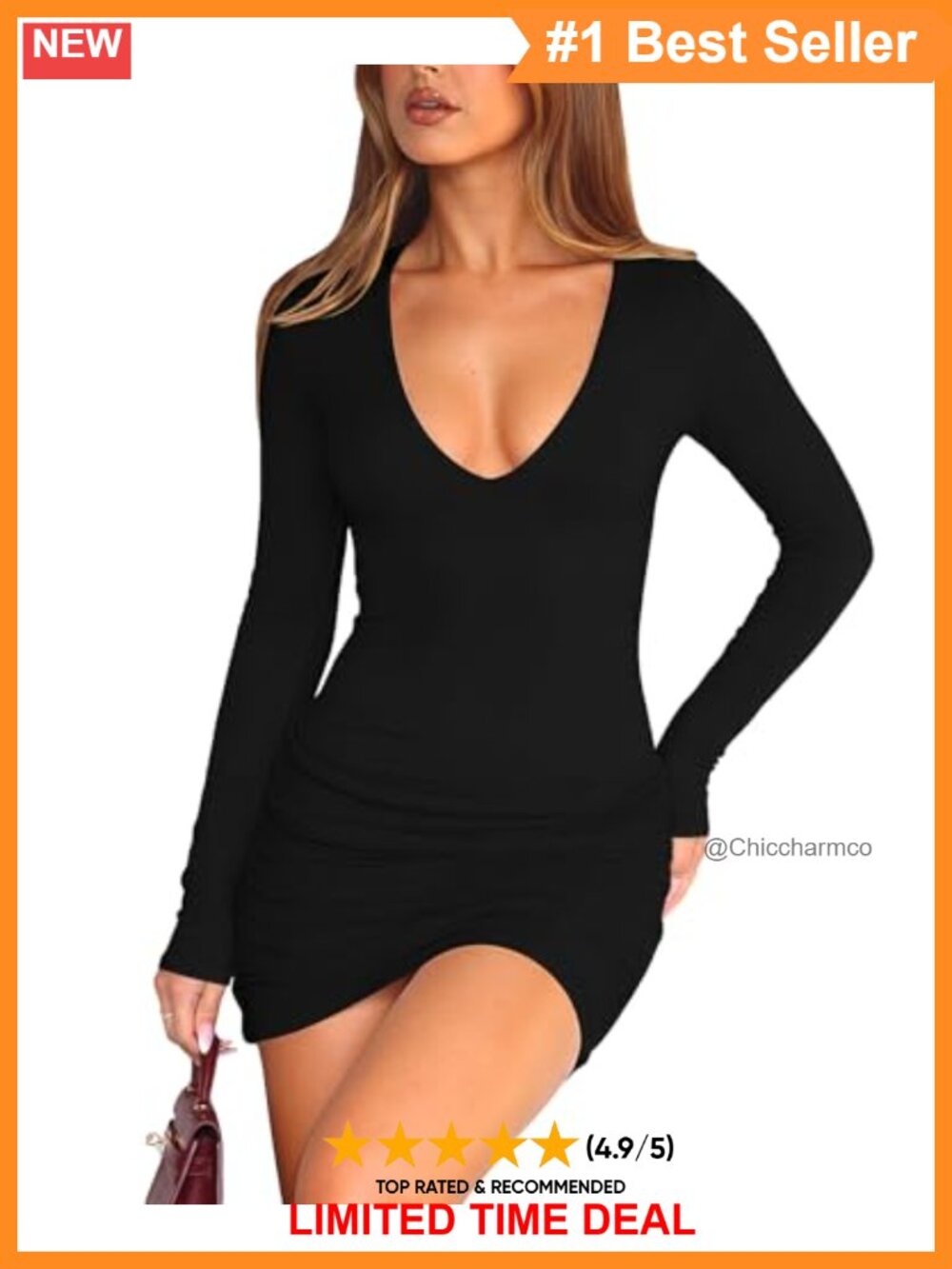 Long Sleeve Deep V Neck Ruched Bodycon Mini Club Party Dress